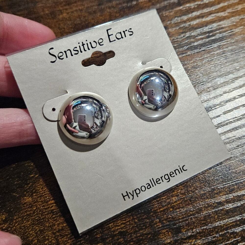 Sensitive Ears Large Silver-Tone Mixed Metal Ball Stud Earrings ~ Hypoallergenic